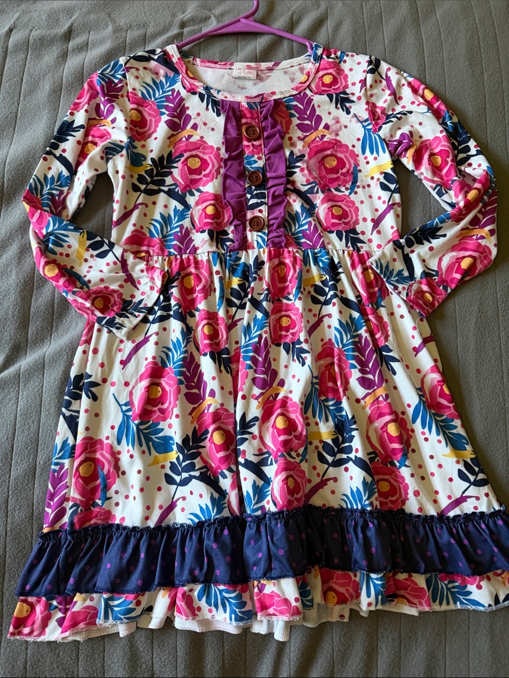 Girls Floral Long Sleeve Ruffle Dress - Pink & Navy